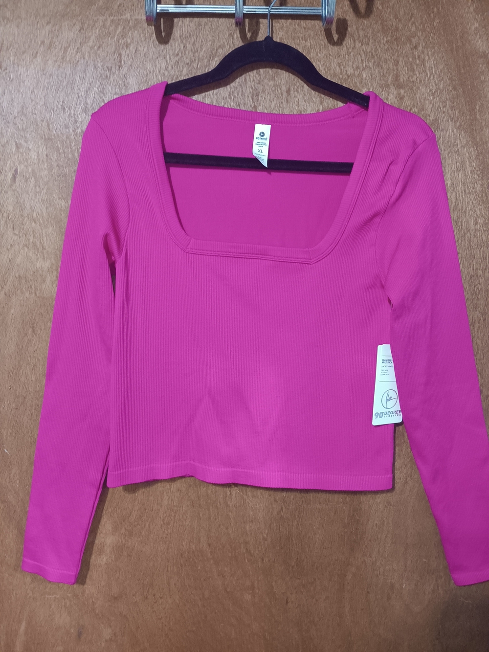 90 Degree By Reflex Fuchsia Ribbed Long-Sleeve Square-Neck Crop Top